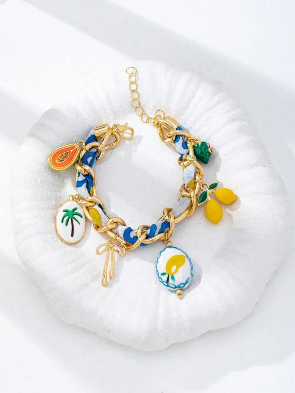 Multicolor Woven Women's Fruit Bracelet with Lemon & Palm Tree Pendant - Picture 1 of 3